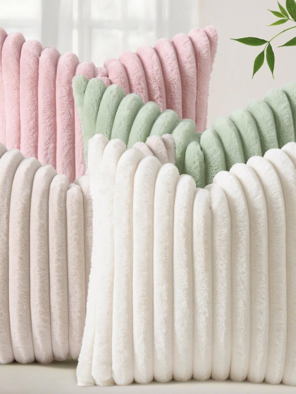 Fall Faux Fur Throw Pillow Covers 18x18 Set of 4 White/Pink
